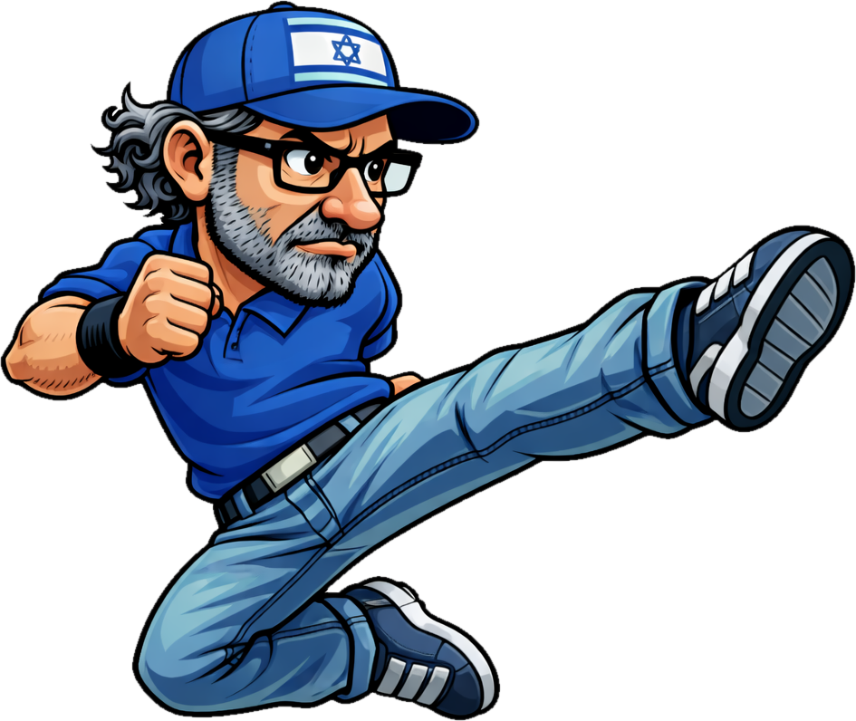 The Voter, in a baseball cap and jeans, mid flying kick